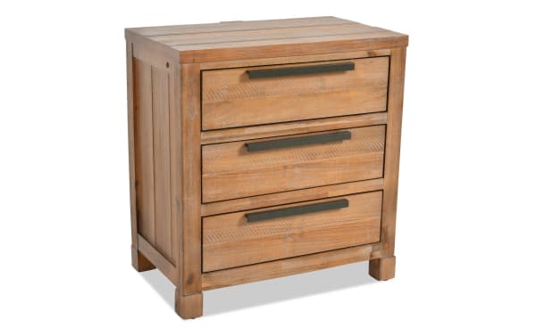 Canyon Light Oak 3 drawer nightstand in transitional style with acacia veneers, featuring distressed wood finish and dark metal handles.