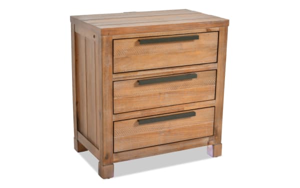 Canyon Light Oak 3 Drawer Nightstand in transitional style with acacia veneers, featuring distressed wood texture and dark metal handles.