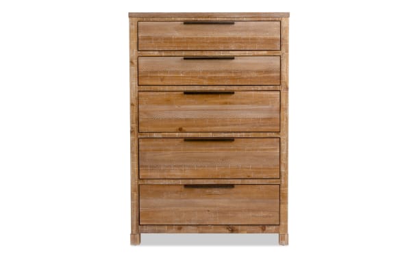 Canyon Light Oak 5 Drawer Chest in transitional style with distressed acacia veneer, felt-lined top drawers, and black metal handles from Canyon Bedroom collection