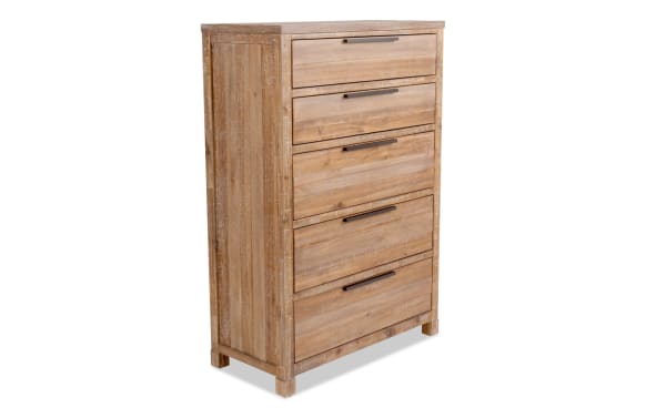 Canyon Light Oak 5 Drawer Chest in transitional style with acacia veneer, distressed finish, black metal handles, and felt-lined top drawers for bedroom storage.