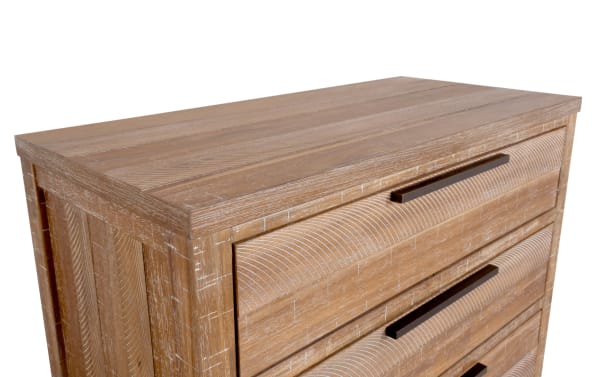Canyon Light Oak 5 Drawer Chest in transitional style with distressed acacia veneer finish, featuring sleek dark handles and spacious storage drawers.