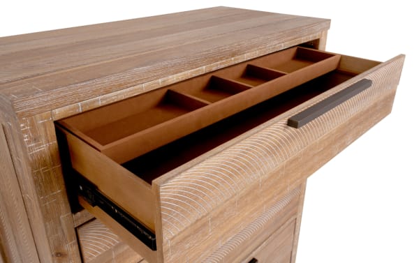 Canyon Light Oak 5 Drawer Chest in transitional style with distressed acacia veneer, featuring felt-lined top drawer with compartments for jewelry storage.