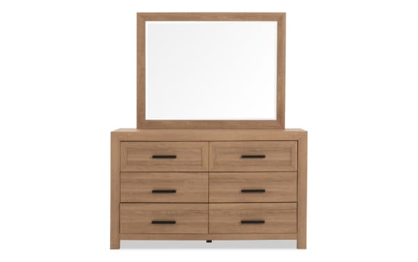 Calvin Light Brown 6 Drawer Dresser & Mirror from Calvin Bedroom collection, transitional style, MDF and engineered wood grain, natural wood finish with black handles and spacious storage.