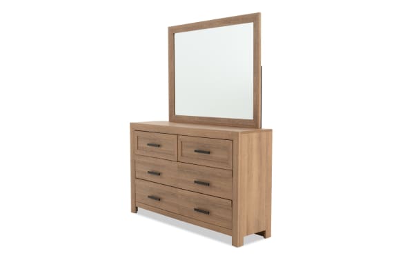 Calvin Light Brown 6 Drawer Dresser & Mirror from Calvin Bedroom collection, transitional style in engineered wood grain MDF with black handles and felt-lined top drawers.