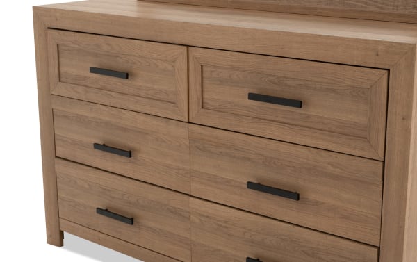 Calvin Light Brown 6 Drawer Dresser from Calvin Bedroom collection, transitional style with engineered wood grain MDF, six spacious drawers with black handles, natural plank-like finish, and clean silhouette for contemporary-classic look.