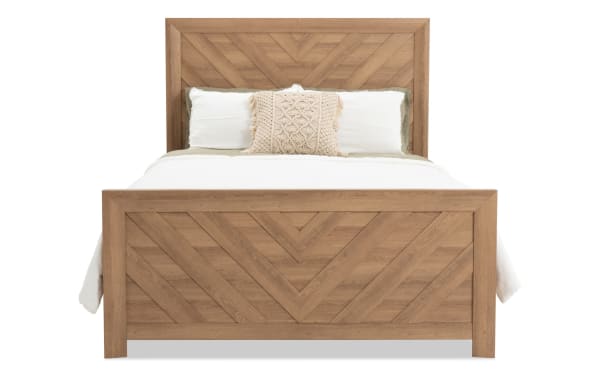 Calvin Full Light Brown Panel Bed from Calvin Bedroom collection, transitional style with engineered wood grain MDF, featuring chevron pattern on headboard and footboard.