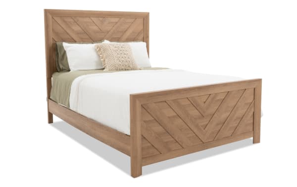 Calvin Full Light Brown Panel Bed in transitional style with MDF engineered wood grain, featuring chevron design on headboard and footboard.