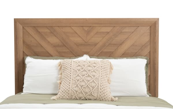 Calvin Full Light Brown Panel Bed with chevron-patterned headboard, transitional style, engineered wood grain MDF, and natural plank finish.