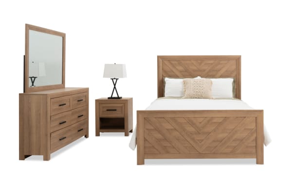 Calvin 4 Piece Queen Light Brown Panel Bedroom Set with chevron headboard and footboard, MDF engineered wood grain, transitional style, includes dresser, mirror, nightstand, and queen bed.