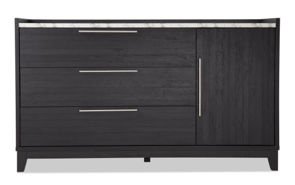 Solitude Espresso 3 Drawer Dresser in dark engineered wood grain with faux marble top, metal handles, and adjustable shelf cabinet, contemporary style.