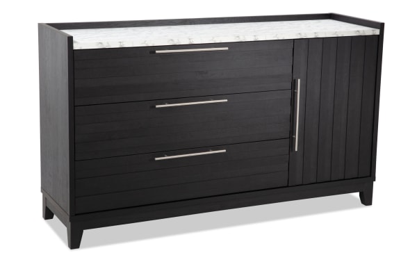Solitude Espresso 3 Drawer Dresser in contemporary style with dark engineered wood grain, three drawers, cabinet with adjustable shelves, faux marble top, and sleek metal handles.