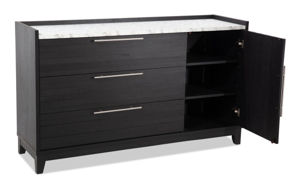 Solitude Espresso 3 Drawer Dresser in dark engineered wood grain with faux marble top, metal handles, adjustable shelves, and contemporary style.