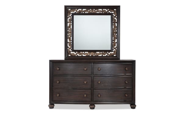 Regency Cherry 6 Drawer Dresser & Mirror from Regency Bedroom collection, traditional style in dark hardwood solids, oak veneers, MDF with ornate cherry wood mirror frame and easy-open drawers.