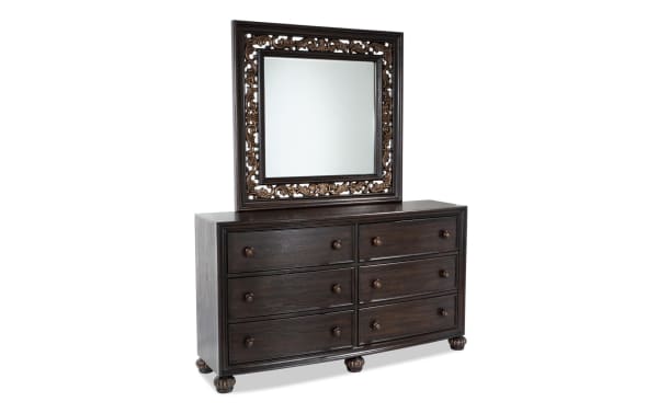 Regency Cherry 6 Drawer Dresser & Mirror in traditional style with dark hardwood solids, oak veneers, MDF, ornate cherry-finish mirror frame, and easy-open drawers.