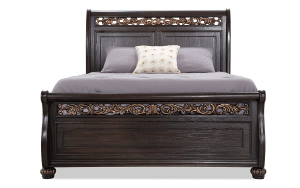 Regency Queen Cherry Storage Platform Bed in traditional style, dark hardwood solids with oak veneers, featuring hand-painted scroll headboard and footboard.