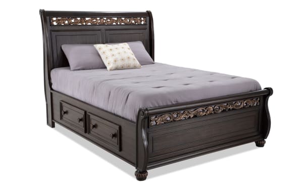 Regency Queen Cherry Storage Platform Bed in traditional style with dark hardwood solids, oak veneers, MDF, hand-painted scroll headboard, and four cedar storage drawers.