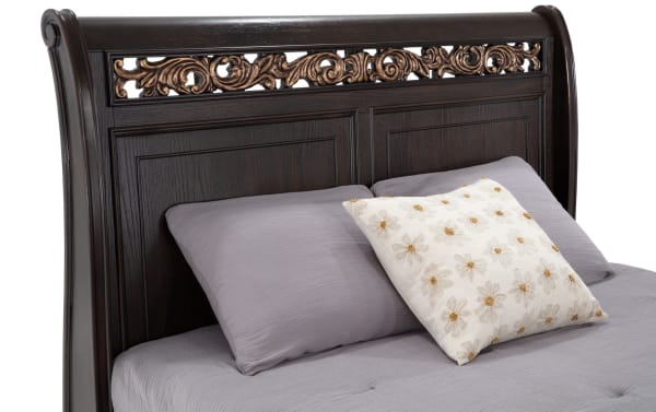 Regency Queen Cherry Storage Platform Bed with traditional dark cherry hardwood frame, hand-painted scroll headboard, and cedar storage drawers.