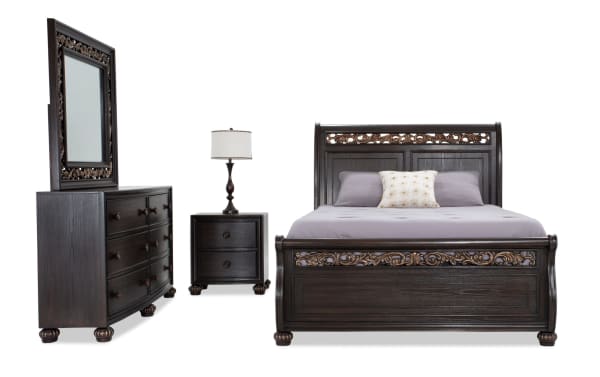 Regency 4 Piece Queen Cherry Storage Platform Bedroom Set in traditional dark hardwood with hand-painted scrollwork, cedar drawers, and built-in nightstand charging ports.
