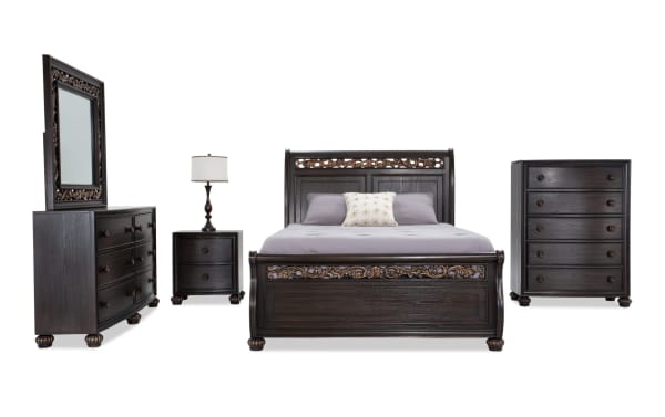 Regency 5 Piece Queen Cherry Storage Platform Bedroom Set in traditional dark hardwood with hand-painted scroll details, oak veneers, and built-in nightstand charging ports.