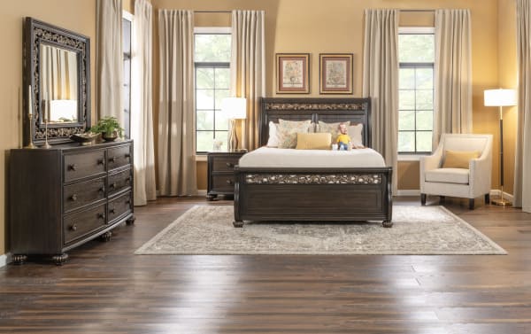 Traditional Regency 5 Piece Queen Cherry Storage Platform Bedroom Set in dark hardwood with hand-painted scroll accents, oak veneers, and cedar drawers.