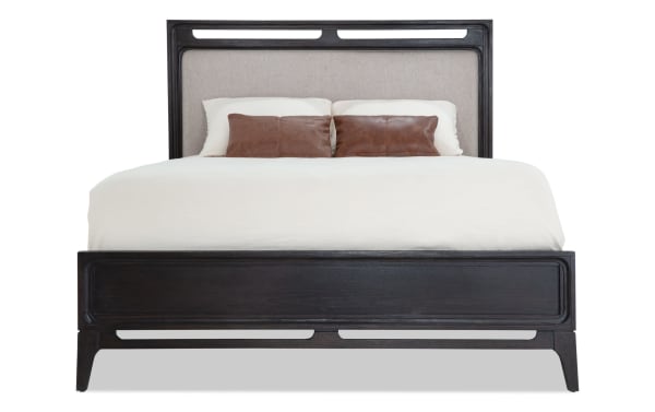 Soho Full Espresso & Gray Upholstered Panel Bed with padded gray polyester fabric headboard, espresso MDF frame, and transitional style cutout details.