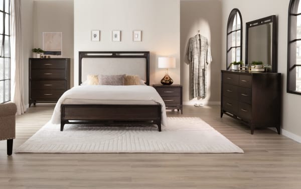 Soho Full Espresso & Gray Upholstered Panel Bed with padded gray polyester fabric headboard, espresso MDF frame, and transitional style in a modern bedroom setting.