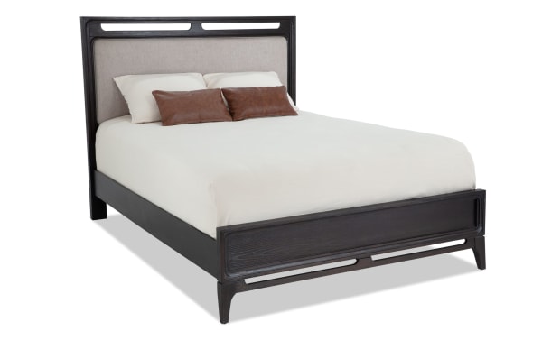 Soho Full Espresso & Gray Upholstered Panel Bed with padded gray polyester fabric headboard, espresso MDF frame, and decorative cutouts in transitional style.