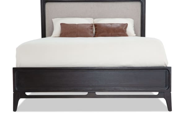 Soho Full Espresso & Gray Upholstered Panel Bed with padded gray polyester fabric headboard, espresso MDF frame, and transitional style cutout design.
