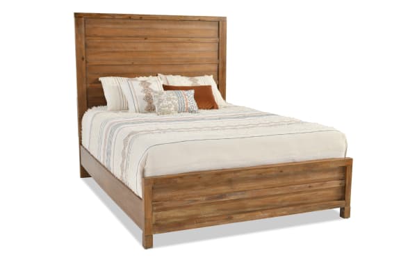Canyon Queen Light Oak Panel Bed in transitional style from Canyon Bedroom collection, featuring distressed acacia veneers and MDF with clean, natural wood panels.