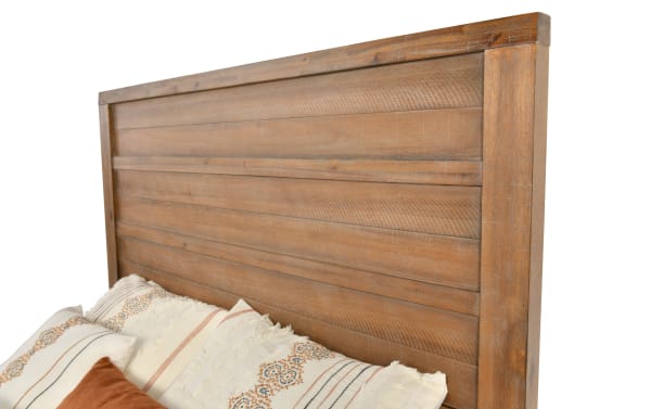 Canyon Queen Light Oak Panel Bed headboard with distressed acacia veneers and MDF, featuring clean horizontal panels in a transitional style from the Canyon Bedroom collection.