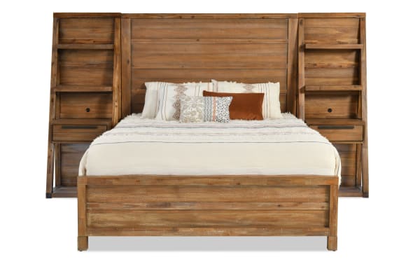 Canyon Queen Light Oak Wall Bed from Canyon Bedroom collection, transitional style with acacia veneers, built-in shelves, drawers, ambient LED lighting, and USB/USB-C charging ports.
