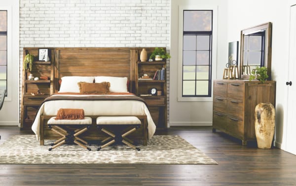 Transitional Canyon Queen Light Oak Wall Bed with acacia veneer, distressed finish, built-in shelves, drawers, ambient LED lighting, and USB/USB-C ports.