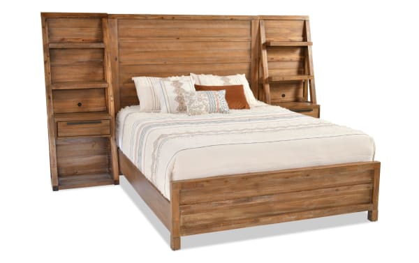 Canyon Queen Light Oak Wall Bed from Canyon Bedroom collection with acacia veneer, transitional style, built-in shelves, drawers, LED lighting, and USB ports.