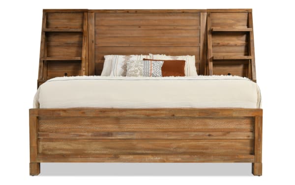 Canyon Queen Light Oak Wall Bed with acacia veneer, transitional style, featuring distressed wood, built-in shelves, storage drawers, LED lighting, and USB charging ports from the Canyon Bedroom collection.