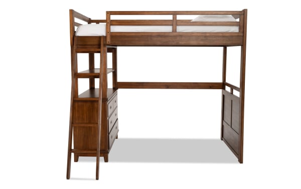 Chadwick Twin Brown Loft Bed in transitional style, made of poplar solids and veneers, with built-in chest drawers and ladder for space-saving bedroom design.