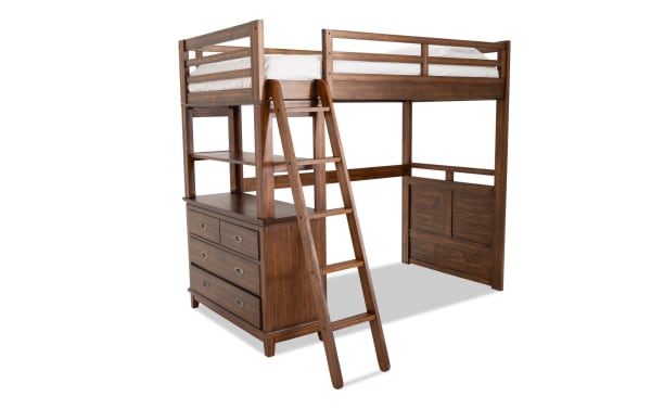 Chadwick Twin Brown Loft Bed with built-in chest and ladder, made of poplar solids and veneers in transitional style, space-saving design with open play area.