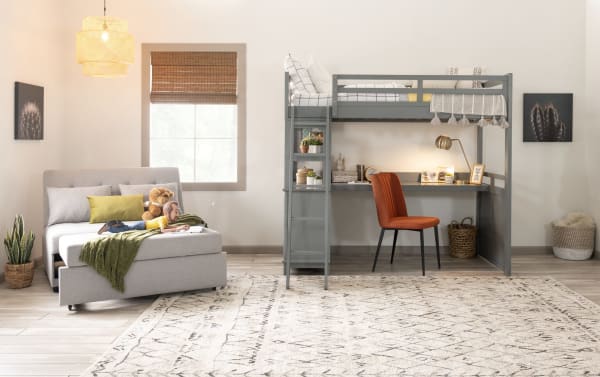 Chadwick Twin Brown Loft Bed with Desk in transitional style, made of poplar solids and veneers, featuring a gray lofted bed, built-in ladder, desk, and storage chest.