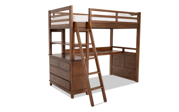 Chadwick Twin Brown Loft Bed with Desk in transitional style, made of poplar solids and veneers. Features a raised twin bed with guardrails, integrated ladder, built-in desk, and a configurable chest with drawers for space-saving storage and study.