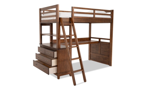 Chadwick Twin Brown Loft Bed with Desk in transitional style, made of poplar solids and veneers. Features a lofted twin bed, angled ladder, built-in chest with drawers on the side, and integrated desk space underneath for study or play. Brown wood finish with versatile chest placement for space-saving functionality. Part of the Chadwick collection.