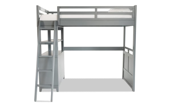 Chadwick Twin Gray Loft Bed in transitional style with poplar solids and veneers, featuring a lofted twin bed, built-in chest, ladder, and open play space underneath.
