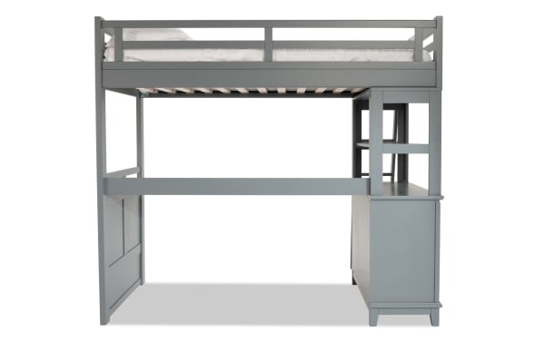 Chadwick Twin Gray Loft Bed in transitional style, made of poplar solids and veneers, with a gray finish, lofted twin bed over a versatile chest.
