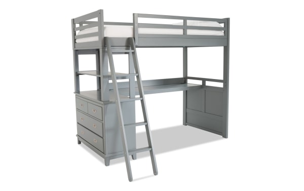 Chadwick Twin Gray Loft Bed with Desk in transitional style, made of poplar solids and veneers, features a gray finish, lofted twin bed, angled ladder, built-in chest with drawers, open shelving, and integrated desk space for compact, versatile bedroom use.