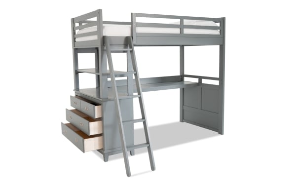Chadwick Twin Gray Loft Bed with Desk in transitional style, made of gray poplar solids and veneers, features a lofted twin bed, built-in desk, ladder, and three open drawers.