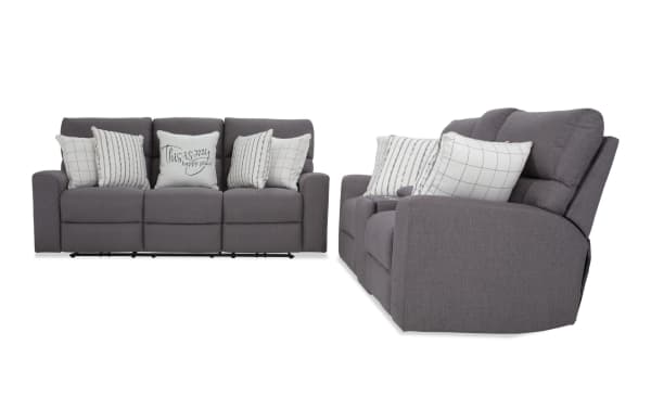 Modern Farmhouse gray fabric 86" power reclining sofa and 76" loveseat with power headrest, USB ports, cupholders, and hidden storage.