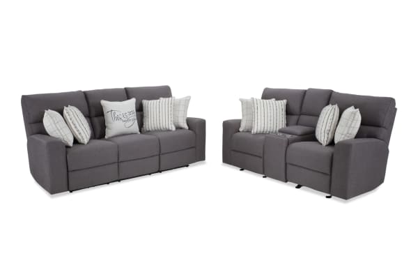 Modern Farmhouse gray 86" power reclining fabric sofa and 76" loveseat with power headrests, USB ports, cupholders, and hidden storage.