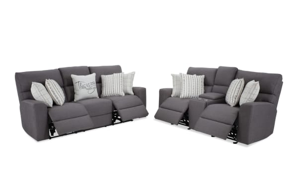 Modern Farmhouse gray 86'' power reclining fabric sofa and 76'' loveseat with power headrests, USB ports, cupholders, and hidden storage.
