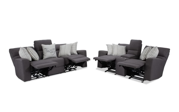 Modern Farmhouse gray fabric 86" power reclining sofa and 76" loveseat with power headrests, USB ports, cupholders, and hidden storage.