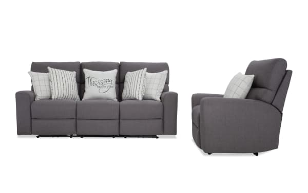 Modern Farmhouse gray 86'' power reclining sofa and recliner set in transitional style with polyester fabric, power headrests, and decorative pillows.