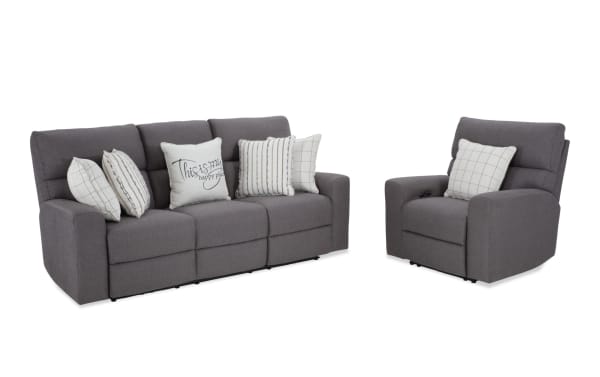 Modern Farmhouse gray 86'' power reclining sofa and recliner set in polyester fabric with power headrests, USB ports, cupholders, and hidden storage.