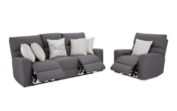 Modern Farmhouse gray 86'' power reclining fabric sofa and recliner set with power headrests, USB ports, cupholders, hidden storage, and memory foam cushions.